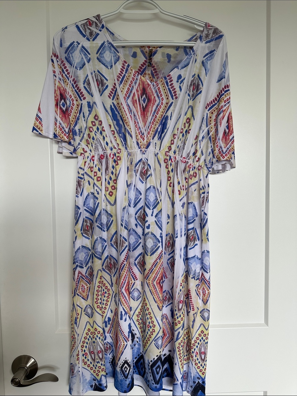 Espresso Multicolor Geometric V-Neck Midi Dress in Blue, Red, Cream